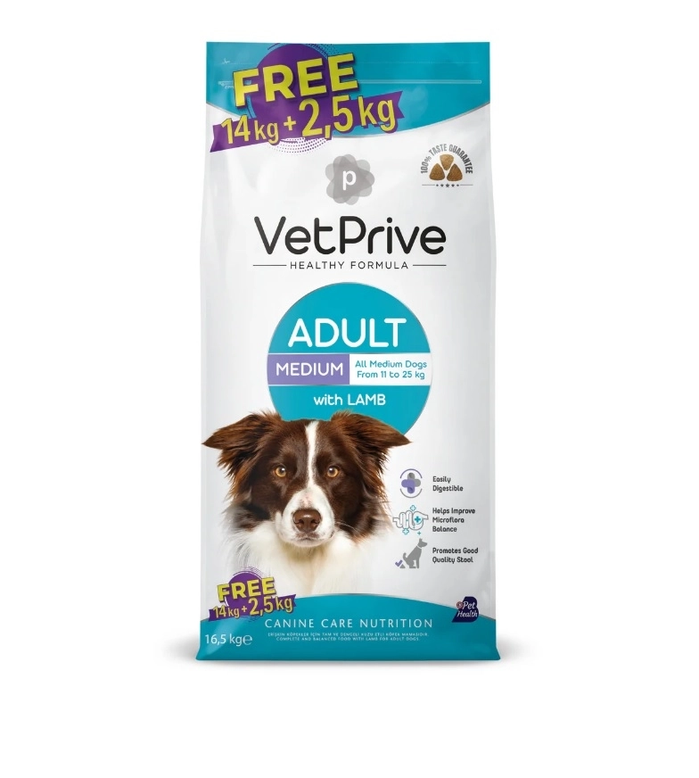 Vet Prive Orta ve İri Irk Yetişkin Köpek Maması Kuzu Etli Bonus Paket 16,5 Kg
