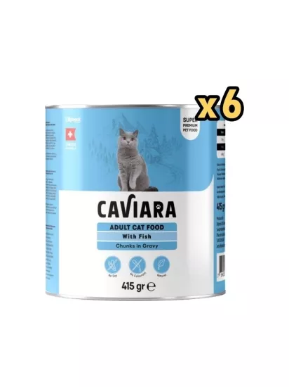 Caviara Sos İçinde Et Parçacıklı Balıklı Yetişkin Kedi Maması Konservesi 415 GR 6 ADET