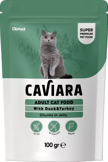Caviara Pouch Jöle İçinde Et Parçacıklı Ördek ve Hindi Etli Yetişkin Kedi Maması