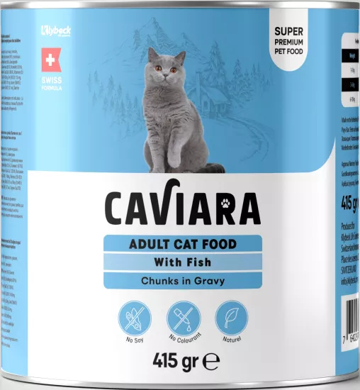 Caviara Sos İçinde Et Parçacıklı Balıklı Yetişkin Kedi Maması Konservesi